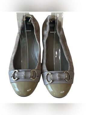 Gucci Horsebit Ballet Flats Gray Suede Green Cap Toe Scrunch 38
